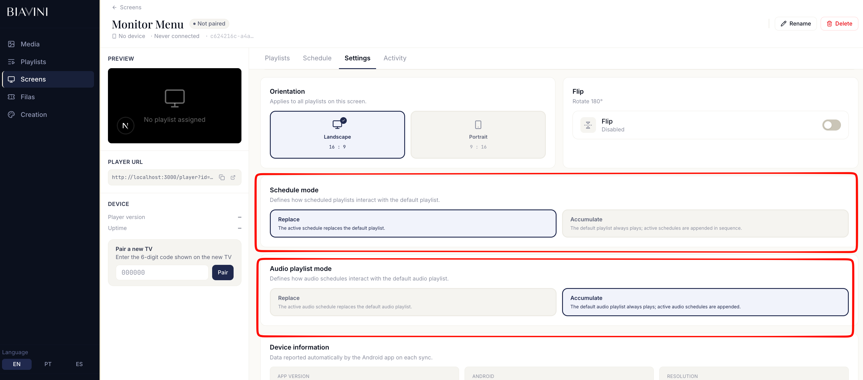 O seletor de prioridade e o interruptor Substituir/Acumular.
