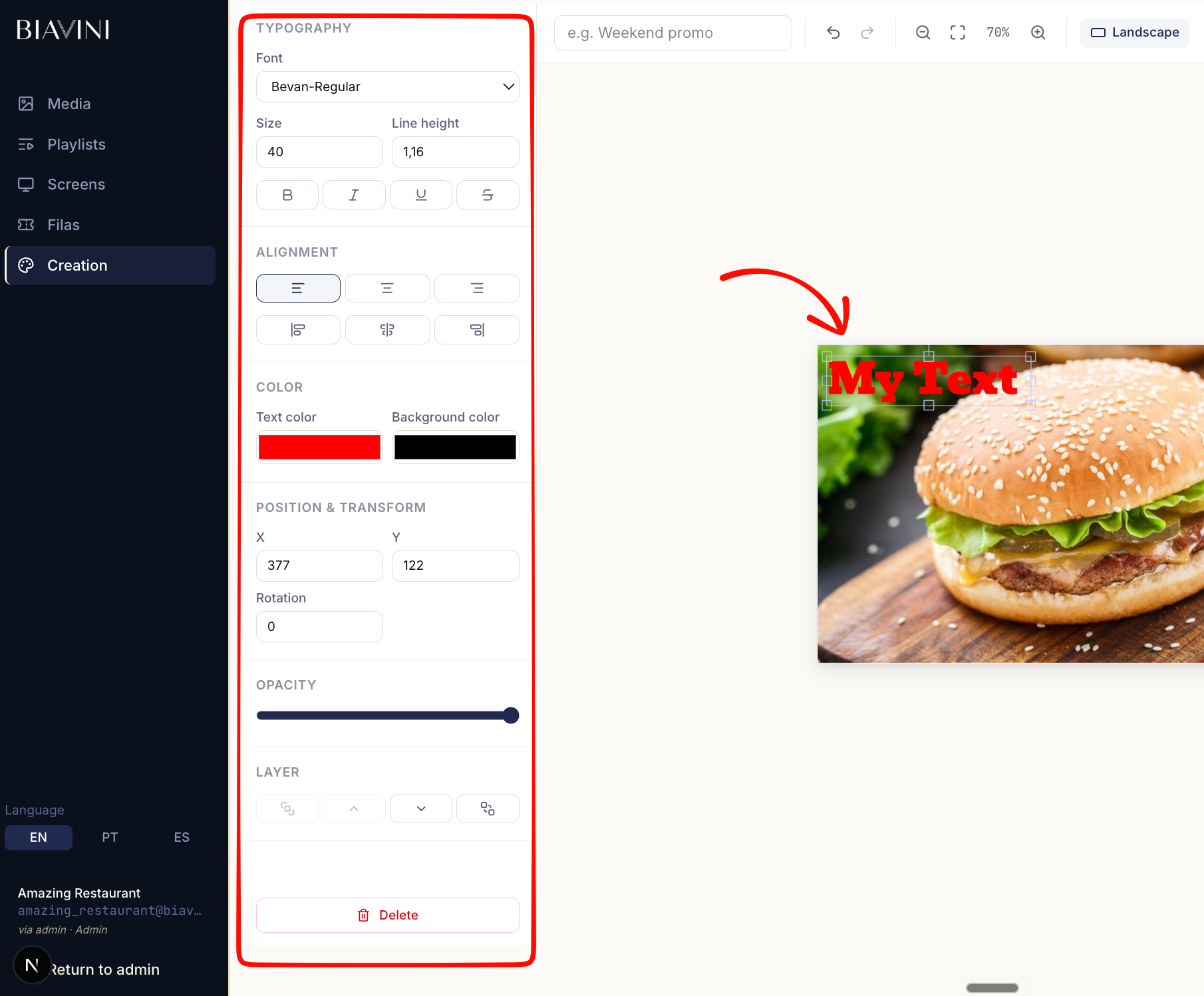 O Inspector com um texto selecionado, mostrando fonte, tamanho, alinhamento e o botão de carregar fonte personalizada.