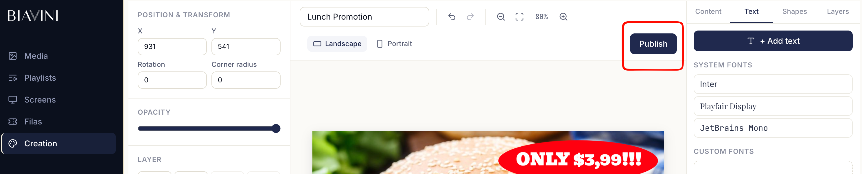 O botão de publicação, com o nome final da peça.