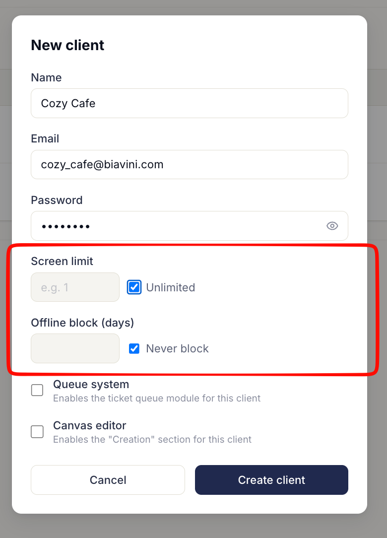 Os campos de limite de telas e bloqueio offline, com a opção "Nunca bloquear" visível.