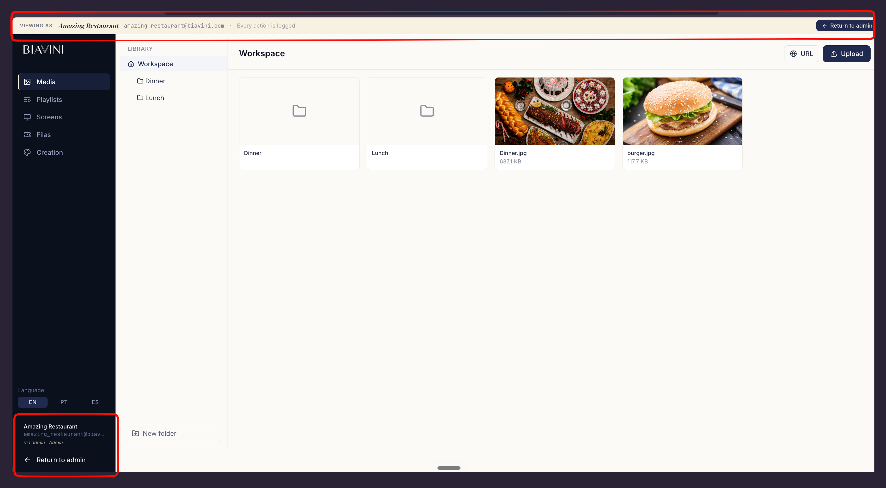 O banner "Visualizando como…" com o botão "Voltar ao admin".