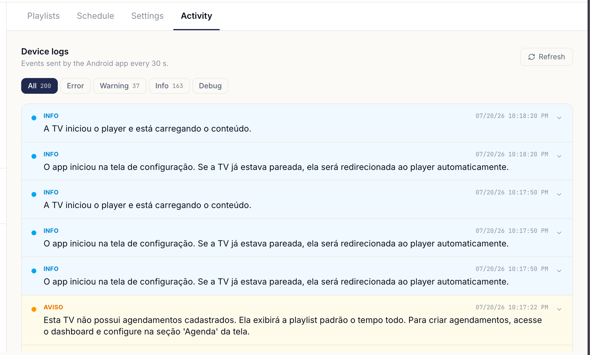 O separador Atividade com eventos coloridos por nível e um evento expandido a mostrar detalhes técnicos.