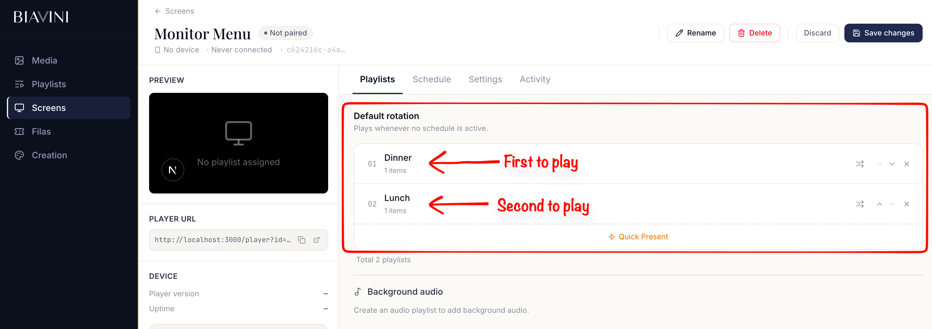 O editor de sequência de playlists dentro da ficha de uma tela.