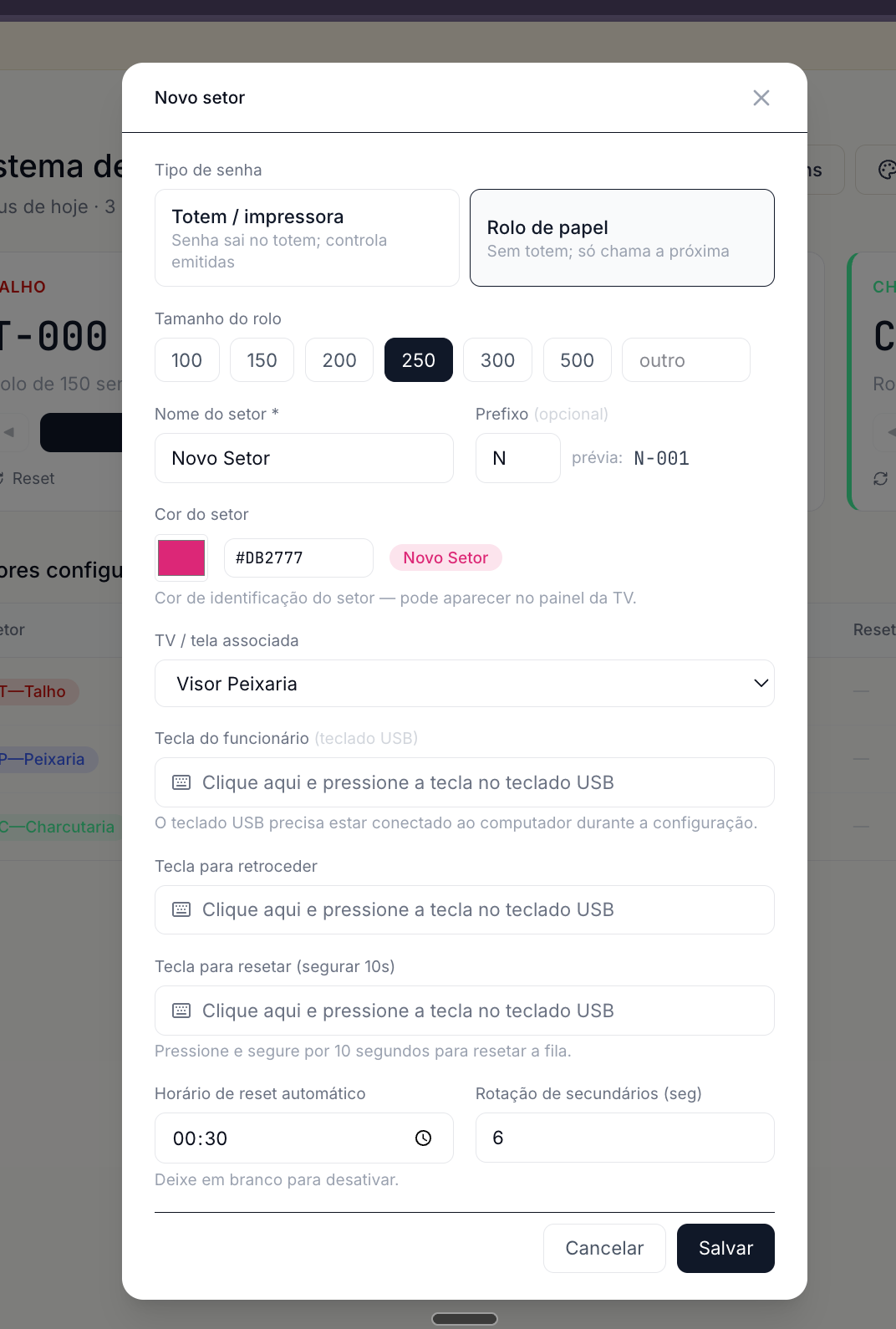 Modal Novo setor preenchido