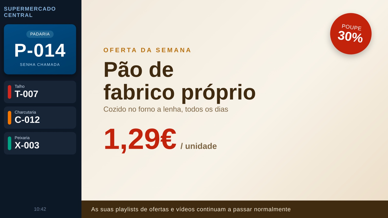 TV com a faixa de senhas à esquerda e as suas ofertas e vídeos a passar em simultâneo